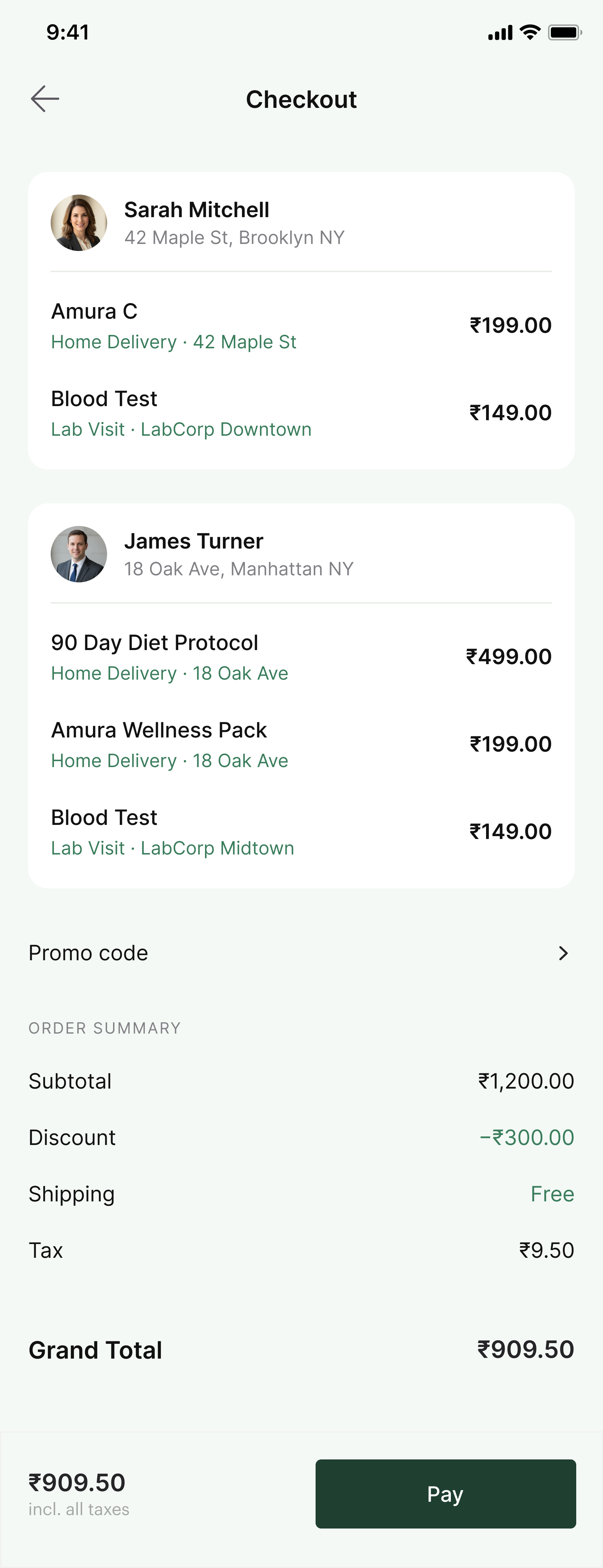 Checkout screen with separate orders and fulfillment for Sarah Mitchell and James Turner in one cart